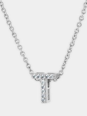 CZ Initial Necklace T Silver Plated