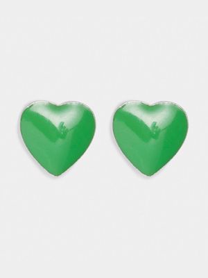 Rhodium Plated Brass & Green Enamel Heart Stud Earrings