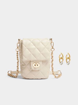 Nude Quilted Crossbody Handbag & Earrings Set