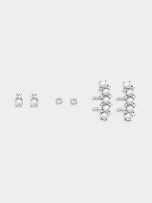 Silver Tone  Pearl 3pk Earring Set