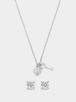 Heart & Key Pendant with 4mm CZ Stud Set