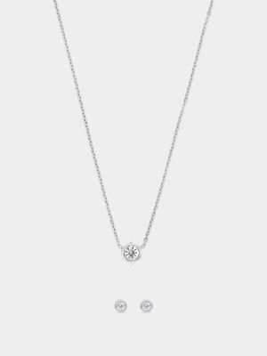 Stainless Steel CZ Hexagon Pendant & CZ Stud Set