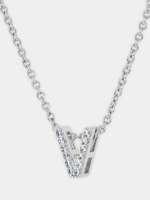 CZ Initial Necklace V Silver Plated