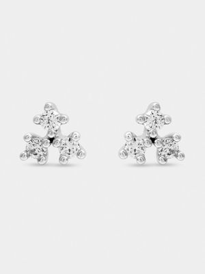 Rhodium Plated 3 Petal Flower Stud Earrings