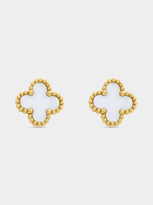 18ct Gold Plated Stainless Steel White Clover Stud Earrings