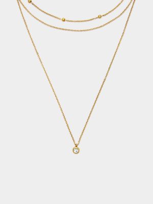 Stainless Steel 18ct Gold Plated Waterproof Tripple Layer Necklace with CZ Pendant