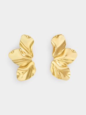 Gold Tone Asymetrical Abstract Flower Stud Earring