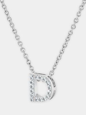 CZ Initial Necklace D Silver Plated