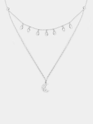 Rhodium Plated Double chain with Crescent moon pendant