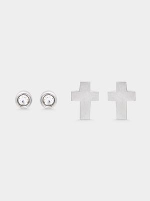 2pk Stainless Steel Cross & Tube CZ studs