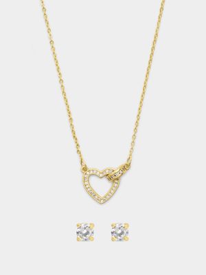 18ct Gold Plated CZ Heart Pendant & 5mm CZ Stud Set