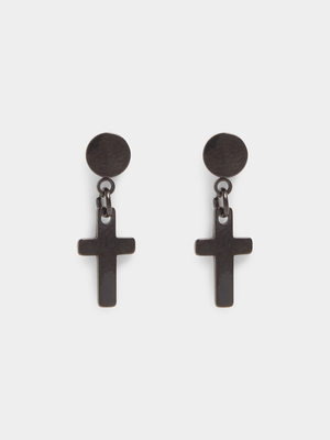 Stainless Steel Black Screw Stud Earrings with Dangle Cross