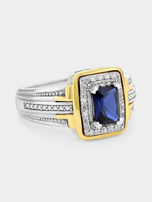 Yellow Gold & Sterling Silver Diamond & Created Blue Sapphire Rectangle Ring