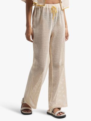 Women's Natural Crochet Wide Leg Pants With Trim