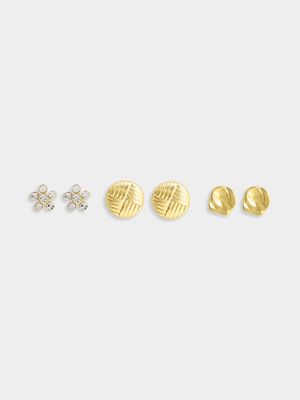 3pk Silver  & Gold Tone Flower & Button Stud Earrin