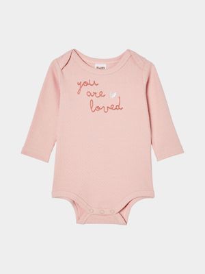 Cotton On Baby Pink Organic Newborn Pointelle Long Sleeve Bubbysuit