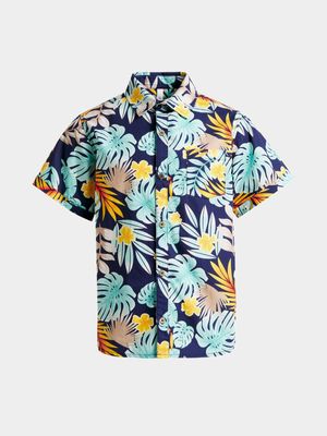 Younger Boy's Navy Tropical Print Shirt