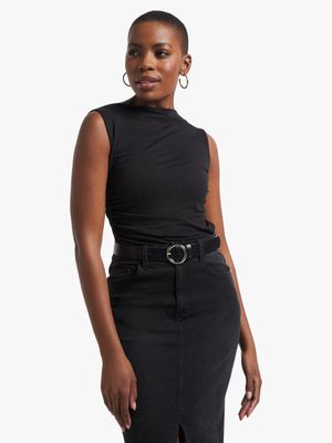 Women's Black Ruched Turtle Neck Top