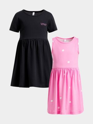 Older Girl's Black & Pink Spot 2-Pack Dresses