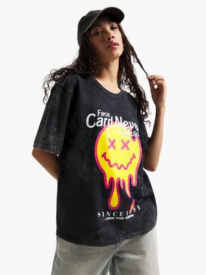 Women's Black Acid Wash Graphic Top