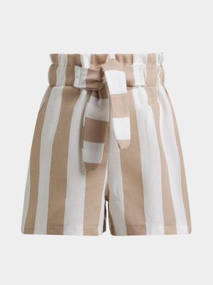 Younger Girl's Natural & White Striped Paperbag Shorts