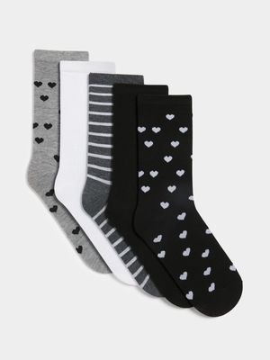 Jet Women's Grey/Black 5 Pack Stripe & Hearts Anklets