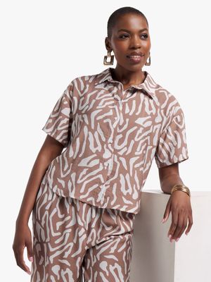 Women's Brown Animal Print Boxy Shirt