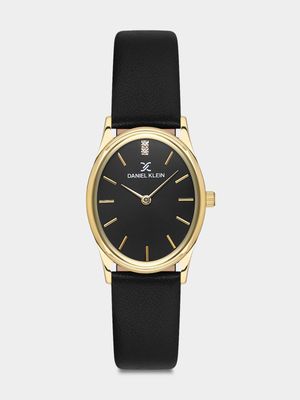 Daniel Klein Gold Plated Black Dial Black Leather Watch