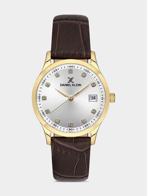 Daniel Klein Gold Plated Silver Tone Dial Brown Leather Watch