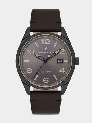 Daniel Klein Black Plated Dark Grey Dial Brown Leather Watch