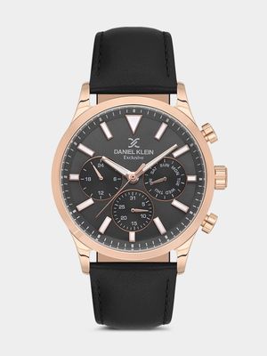 Daniel Klein Rose Plated Black Leather Chronographic Watch