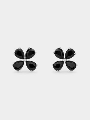 Sterling Silver Black Cubic Zirconia Pear Flower Stud Earrings