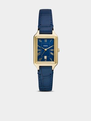 Fossil Raquel Gold Plated Stainless Steel Blue Leather Watch