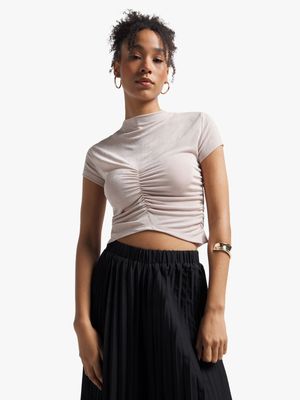 Women's Stone Slinky Co-ord Top With Ruching