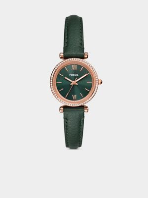 Fossil Carlie Rose Plated Stainless Steel Green Leather Watch