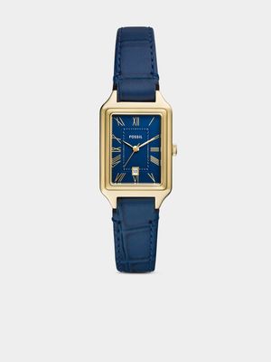 Fossil Raquel Gold Plated Stainless Steel Blue Leather Watch