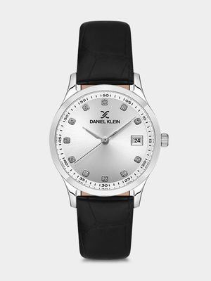 Daniel Klein Silver Plated Silver Tone Dial Black Leather Watch