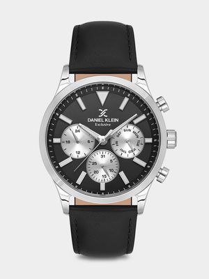 Daniel Klein Silver Plated Black Leather Chronographic Watch