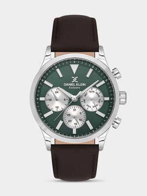 Daniel Klein Silver Plated Green Dial Brown Leather Chronographic Watch