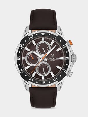 Daniel Klein Silver Plated Brown Leather Chronographic Watch