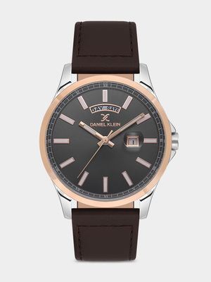 Daniel Klein Silver & Rose Plated Grey Dial Brown Leather Watch