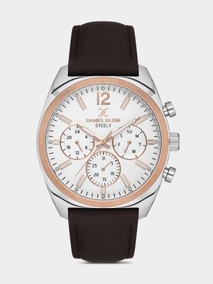 Daniel Klein Silver & Rose Plated Brown Leather Chronographic Watch