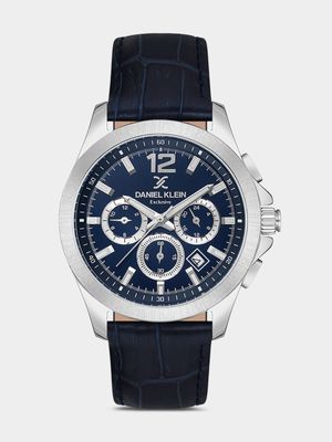 Daniel Klein Silver Plated Blue Leather Chronographic Watch