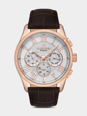 Daniel Klein Rose Plated Brown Leather Chronographic Watch