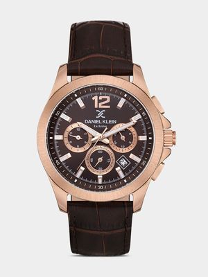 Daniel Klein Rose Plated Brown Leather Chronographic Watch