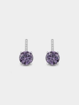 Sterling Silver Amethyst Cubic Zirconia Solitaire Bar Drop Earrings