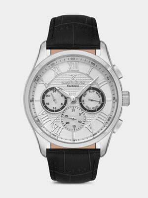 Daniel Klein Silver Plated Black Leather Chronographic Watch