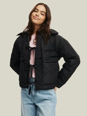 Women's Cotton On Black Quilted Tie Up Jacket