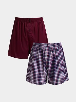 Jet Men's Burgundy/Check 2 Pack Boxer Shorts