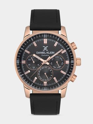 Daniel Klein Rose Plated Black Leather Chronographic Watch